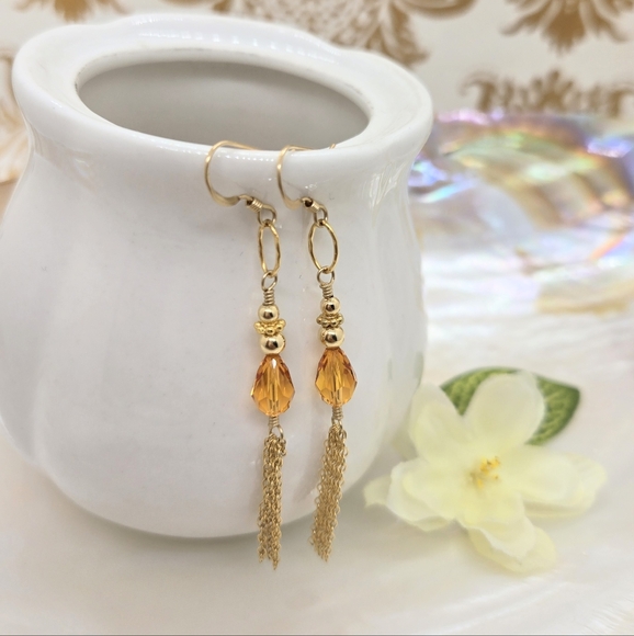 Orange Swarovski Crystal Gold Filled Tassel Dangle Bridgerton Earrings - Picture 6 of 6